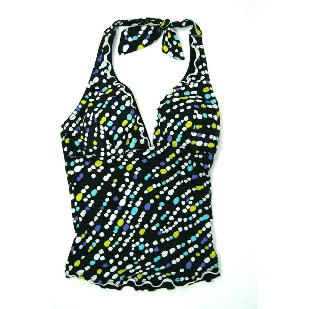 Profile Tankini Top Size 8 Black Polka Dot Multicolor halter neck ruffle edge